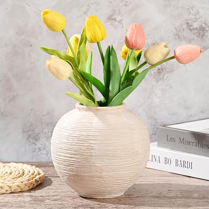 Rustic Ceramic Vintage Farmhouse Vase for Decor (Small Ribbed Whitewash) | 6'' Boho Textured Vase for Home Decor, Round Clay Terracotta Bowl vase for Living Room, Table, Shelf, Centerpieces