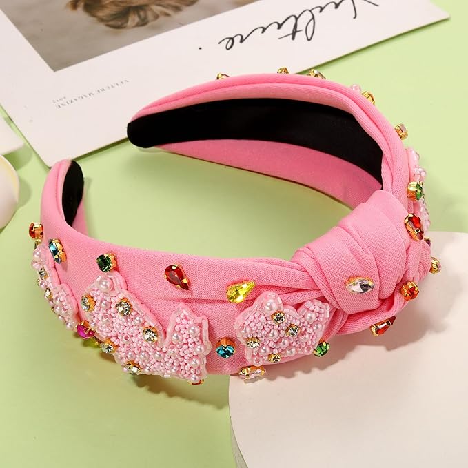 mokkia Easter Headbands Beaded Rabbit Bunny Headband for Women Pink Spring Knotted Headband Easter Hair Accessories Gifts