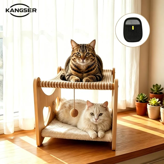 Cat Hammock Bed, 3 in 1 Elevated Bunk Cat Hammock Bed with Sisal Scratching Pad & Soft Plush Cushion, Wooden Cat Furniture for Small to Medium Cat & Dog, Pet Hair Removal Glove