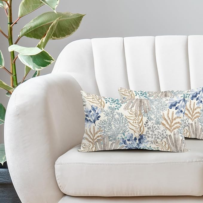 Nautical Coastal Coral Lumbar Pillow Covers 12x20 Inch Set of 2 Summer Ocean Beach Themed Decorative Pillow Cases Outdoor Linen Square Cushion Cover Farmhouse Decor for Bedroom Home Sofa Couch Bed