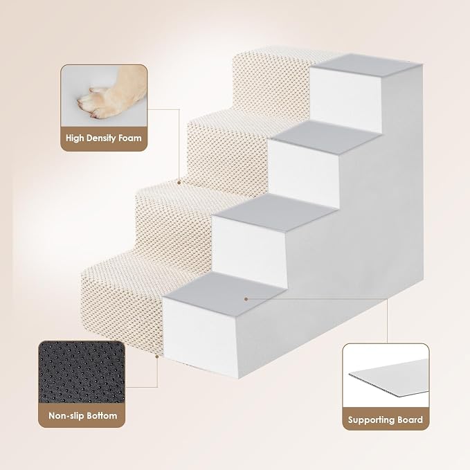 EHEYCIGA Dog Stairs for Bed 18" H, 4-Step Dog Steps for High Bed, Beige | Pet Steps for Small Dogs and Cats, Non-Slip Balanced Pet Ramp Indoor