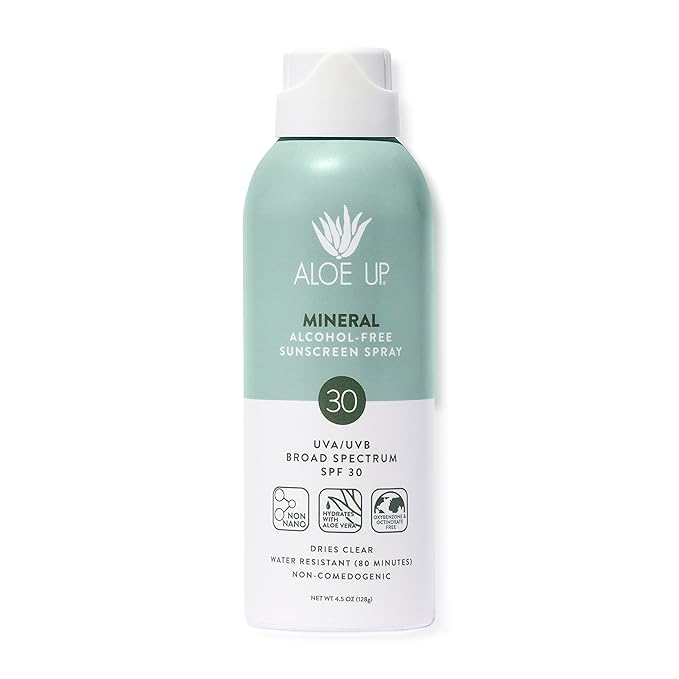 Aloe Up Continuous Mineral Sunscreen Spray SPF 30 - Alcohol-Free Broad Spectrum UVA/UVB Sunscreen Protector for Face and Body - With Gen2 Zinc Oxide and Aloe Vera - Dries Clear - Reef Safe - 4.5 Oz
