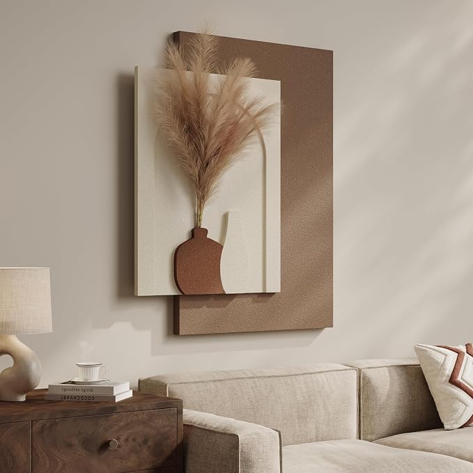 Cuspin Boho 3D Textured Neutral Wall Art, Abstract Beige Brown Artwork for Walls with Pampas, Modern Minimalist Wall Decor for Living Room Bedroom Dining Room Hallway Entryway