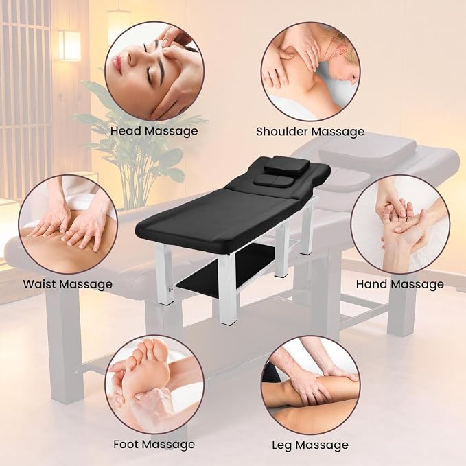 Professional Stationary Massage Table with Backrest,Adjustable Thick Foam Spa Massage Beds,Metal Frame PU Leather 27.55'' Wide 72.83'' Long Heavy Duty Bed for Massages,Hairdressing,Spas(Black White)