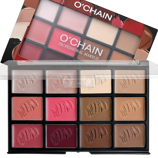 O'CHAIN 12 Colors Cream All in One Face Palette Set, Contour Blush Highlighter Makeup Palette Kit, Long Lasting, Beauty Gift for women, Ideal for Christmas Valentine's Day and Festival