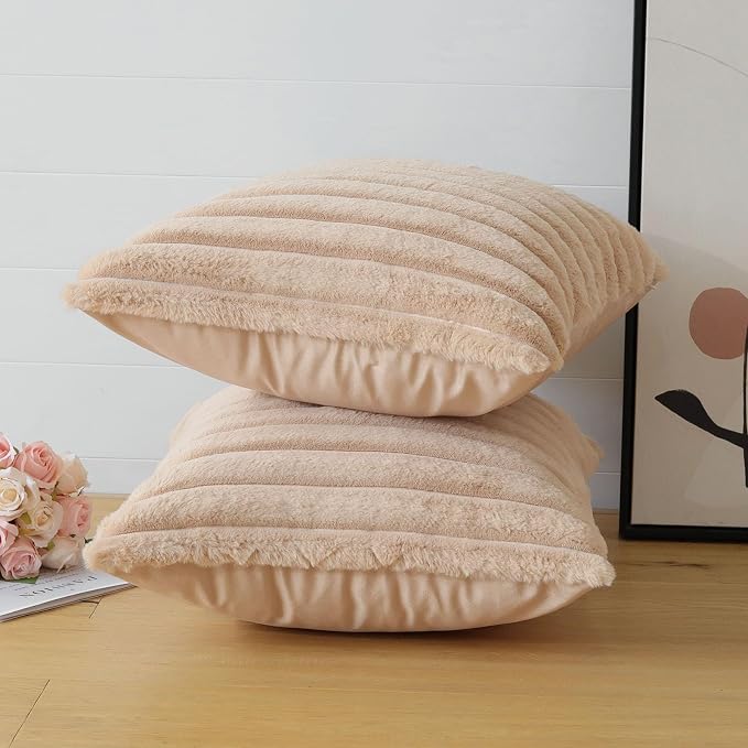 Soleebee Set of 2 Throw Pillow Covers Soft Cozy Velvet Pillowcase Faux Rabbit Fur Cover for Couch Sofa Bed Chair Home Decorative Pillows Cover (18x18 Inch, Camel)
