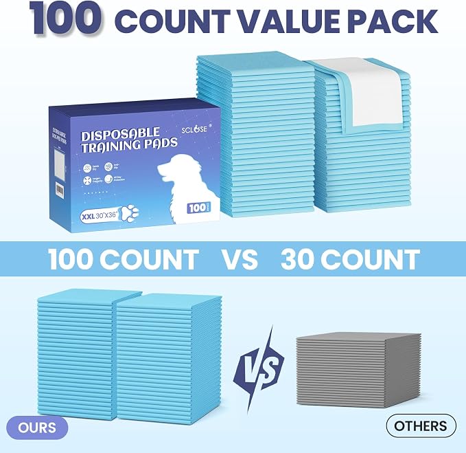 SCLOSE Puppy Pads XXL 100 Count 30"x36" Dog Pee Pads Extra Large Potty Pads | Wee Wee Pads Great Value 7-Layers Super Absorbent Leak-Proof Disposable Training Pads for Puppies Doggie Pads Housebreaking