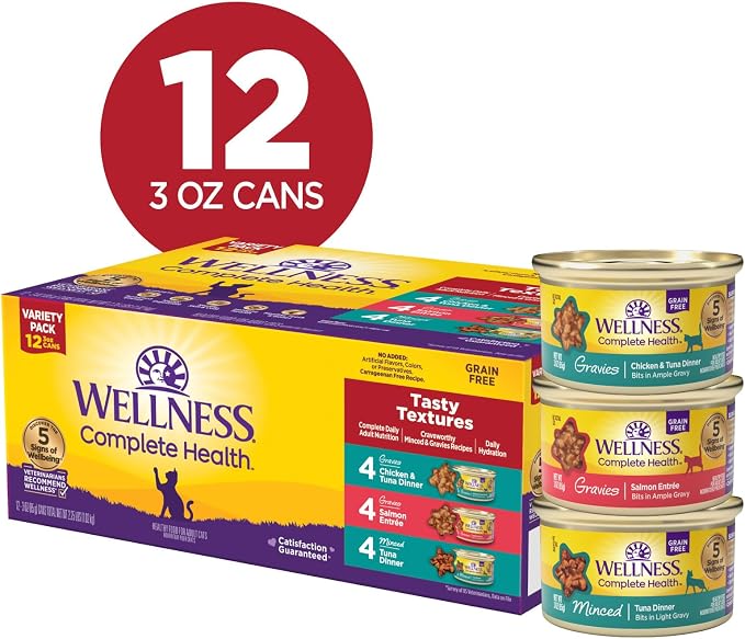 Wellness Complete Health Gravy and Minced Variety Pack Adult Canned Wet Cat Food, Natural, Protein Rich, Grain Free, Salmon, Tuna, and Chicken Recipes, 3 oz, Pack of 12 Cans