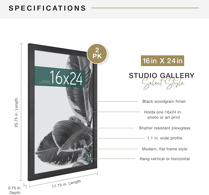 MCS Studio Gallery 16x24 Poster Frame Black Woodgrain Engineered Wood, Vertical & Horizontal Wall Hanging Large Picture Frame for Photos, Posters & Art Prints (2-Pack)