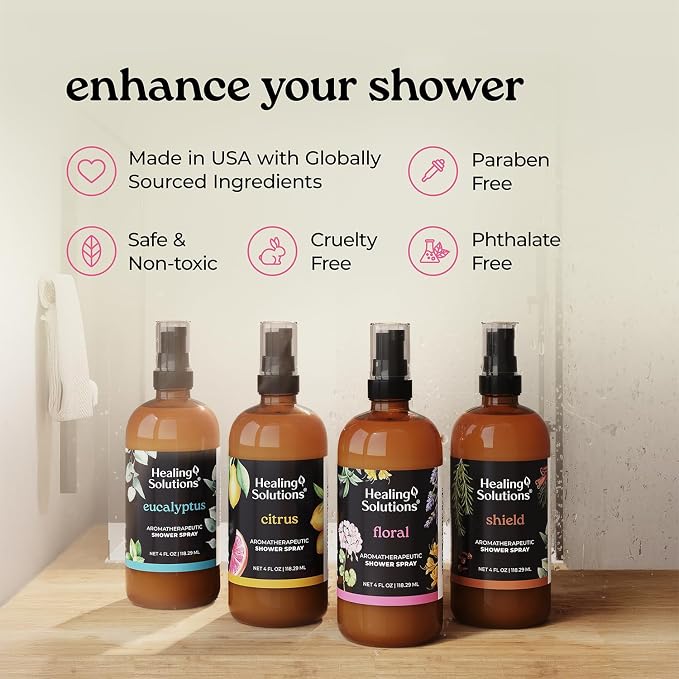Healing Solutions Aromatherapy Shower Spray, Floral Blend, 4oz, Therapeutic Grade Essential Oils, Made in the USA, At Home Spa Experience (4oz, Floral)