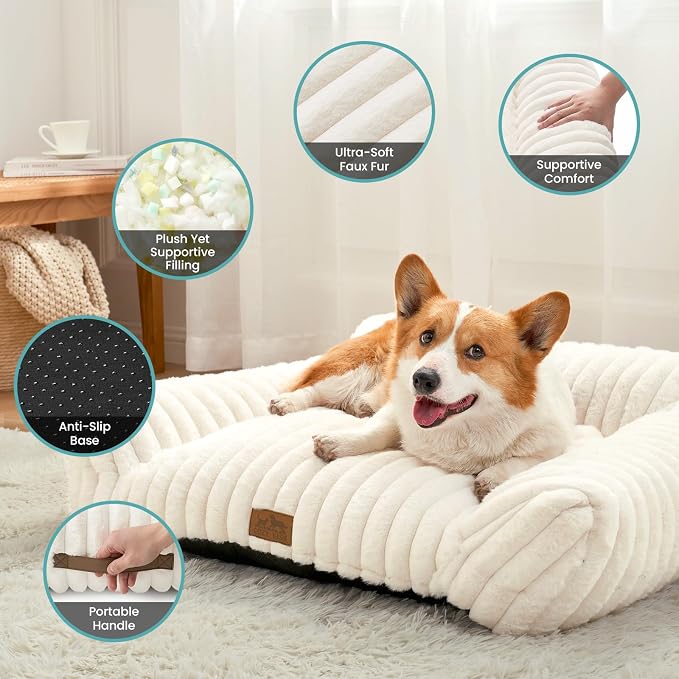 COZY KISS Cute Cat Couch, Fluffy Sofa Bed for Cats and Small Dogs, Premium Faux Rabbit Fur Cats beds for Indoor Cat, Ultra-Soft Supportive Pet Couch Furniture (Cream, M: 31.5''x23.5'')