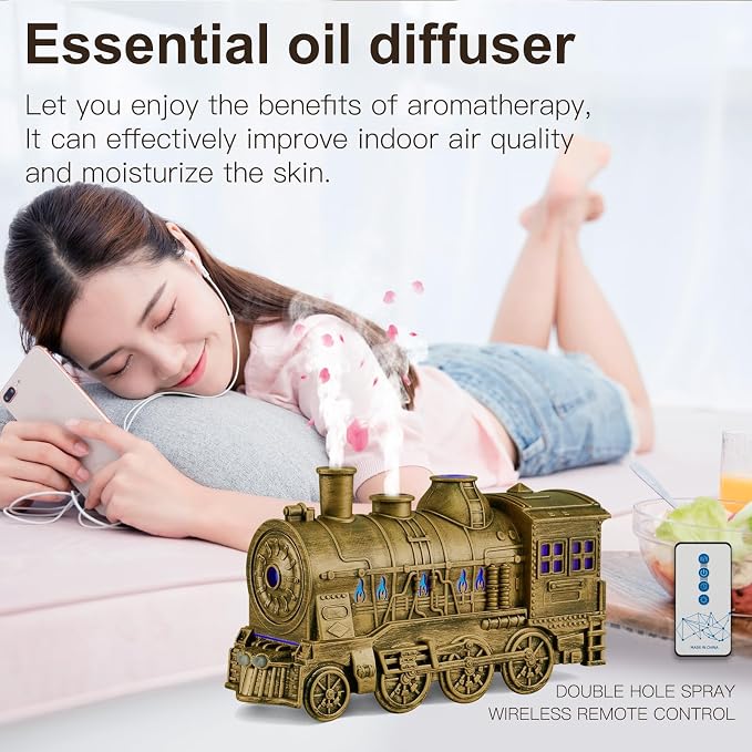 Essential Oil Diffuser Train Diffuser 300ml, Train Humidifier, Aromatherapy Diffuser Cool Mist Aromatherapy with 2 Light 2 Mist Mode Auto Shut-Off, Remote Included for Office Baby Home (Copper)