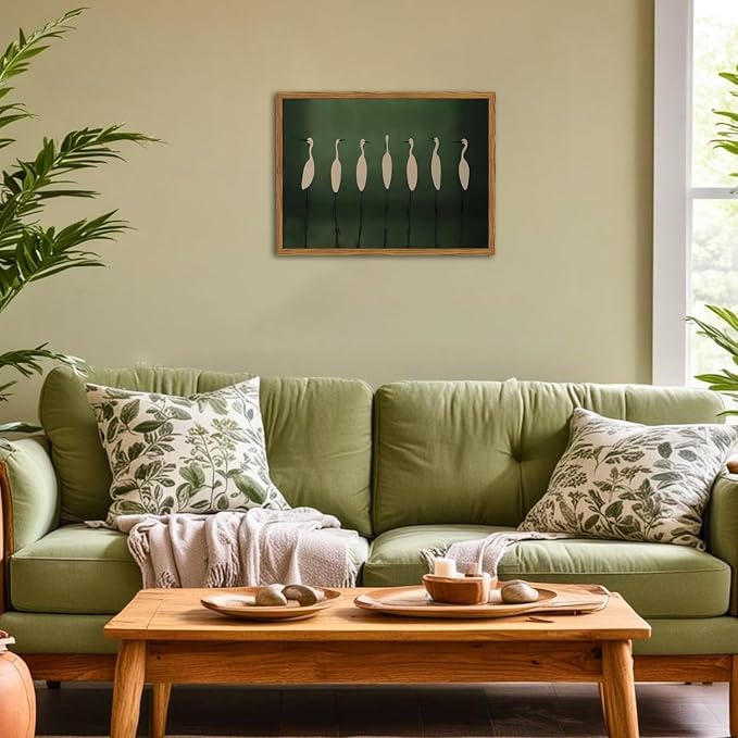 Framed Japanese Cranes Wall Art, Vintage Bird Pictures Wall Decor Paintings, Rustic Nature Animal Canvas Prints Minimalist Green Home Decor for Living Room Bedroom Office 12x16 inch