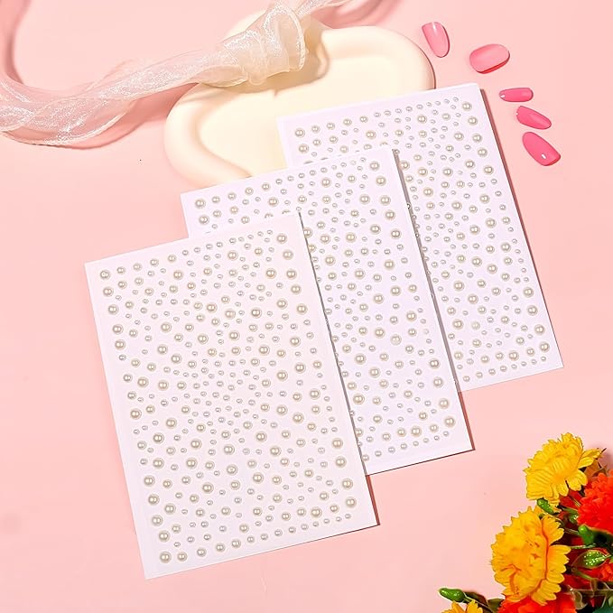 975Pcs Pearl White Face Gems, Self-Adhesive Rhinestones 3/4/5/6 mm DIY Face & Body Gems for Makeup, Crafts