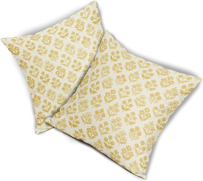 Yellow Floral Pillow Covers 22x22 Inch Set of 2, Vintage Flower Block Print Pattern Decorative Throw Pillowcases Outdoor Farmhouse Cushion Covers Spring Summer Rustic Sofa Couch Bed Decor