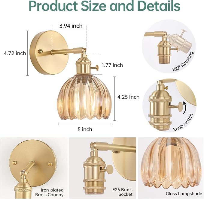 Shenmoyl Vintage Wall Sconces Set of 2 with Amber Tulip Glass Lampshade 180 Degree Adjustable Brass Sconces Hradwired Modern Wall Lighting Fixture with Switch for Bedside Bedroom Doorway