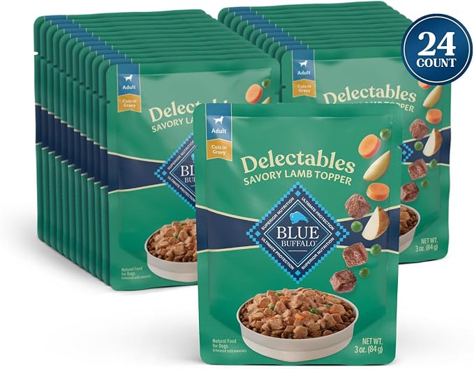 Blue Buffalo Delectables Lamb Dog Food Topper, 3 oz, 24 ct | Real Lamb with Garden Veggies in Gravy, Single-Serve Pouch, Topper or Treat