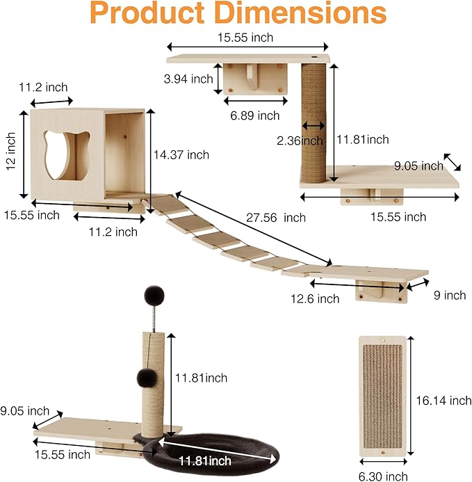 Cat Wall Shelves, 8-Piece Modern Wall-Mounted Cat Furniture Includes House, Bridge, Steps, Scratcher, Perch & Lounge for Indoor Cats, Space-Saving Wall Mounted Cat Shelves for Play & Rest