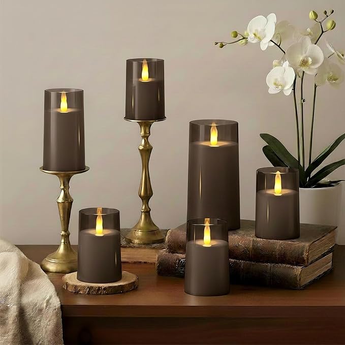 Raycare Christmas Flameless Electronic Pillar Candles with Remote Control and Timer- Battery Operated Realistic Flickering LED Fake Candle for Home, Wedding Decor,Grey,Set of 2(3"x6"6")