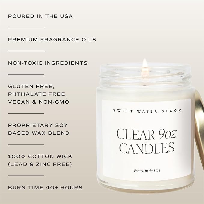 Sweet Water Decor with Love Candle, Thoughtful Gift, Jasmine, Rosemary, Sea Salt & Sweet Honey Scented Soy Wax Candle for Home, Wedding Gift, 9oz Clear Jar, 40 Hour Burn Time, Made in the USA