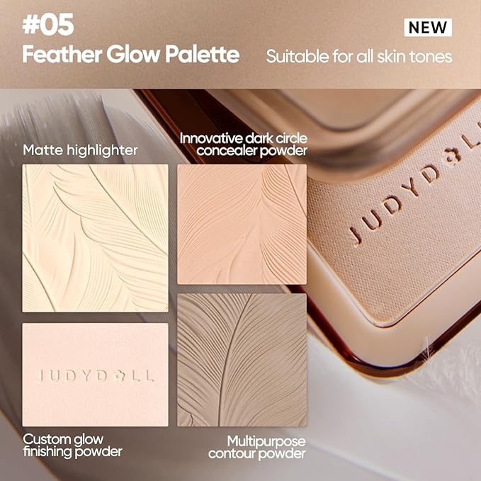 JUDYDOLL Highlight & Contour Palette, All-in-One Matte Highlighter Contour Compact with Under-eye Concealer, Natual Finish, Blendable Face Makeup for All Skin Tones (05 Feather Glow Palette)