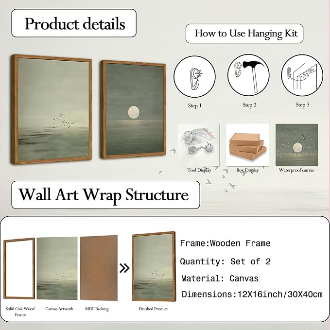 Framed Sage Green Japanese Canvas Wall Art Set of 2, Minimalist Moon and Birds Pictures Wall Decor, Neutral Landscape Artwork Paintings Prints Zen Home Decor for Living Room Bedroom Office 12x16 inch