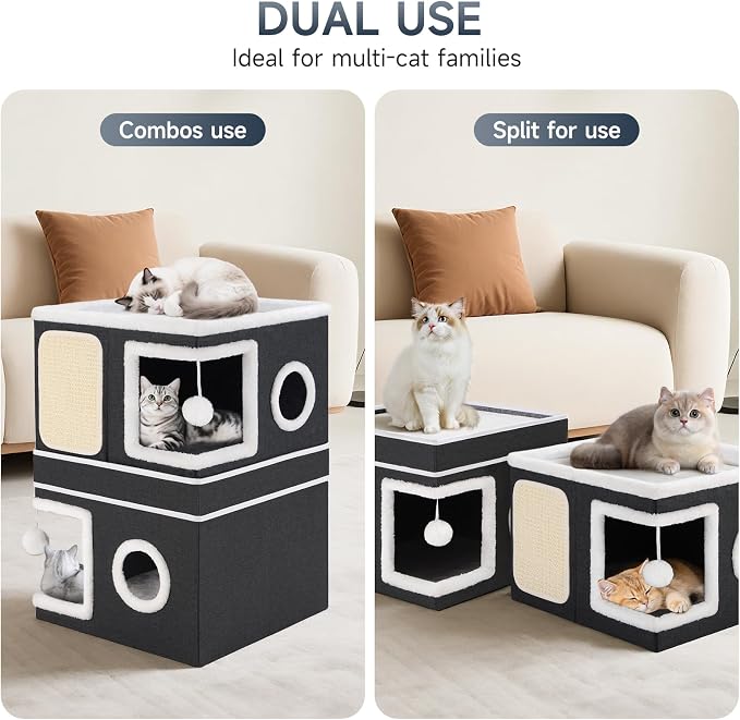 Shikha 2 Story Cat House beds for Indoor Cats with Scratch Pads Black | 2 in 1 Dual Use Double Cat Bed Cave for Multiple Pets Kitten, Elevated Perch for a Wide View, All Season Reversible Cushion