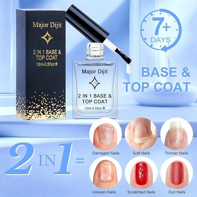Major Dijit Clear Base & Top Coat 2-in-1 Nail Polish – Quick Dry, Long-Lasting, High Gloss Protective Formula – 0.5 Fl Oz