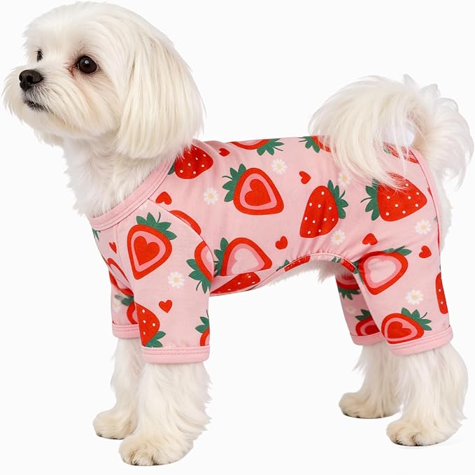 Dog Pajamas Spring Summer Dog Clothes for Small Medium Dogs Strawberry Print Girl Boy Cute Soft Puppy Pjs Clothes Doggie Onesies Cat Pet Jammies Outfit(Strawberry,S)