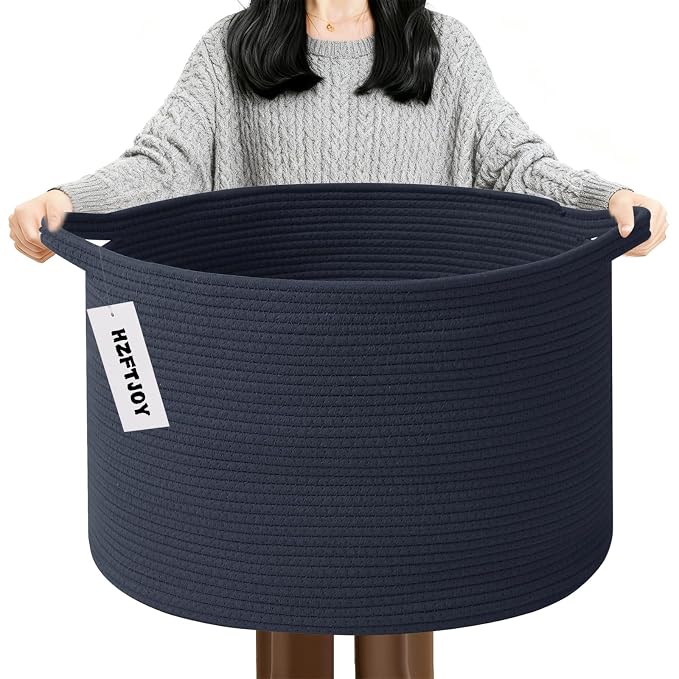 90L Extra Large Blanket Basket,Woven Rope Laundry Basket-Dark Blue | Collapsible, reinforced handles, nursery storage bin organizes clothes, toys and pillows for living room, bedroom bathroom