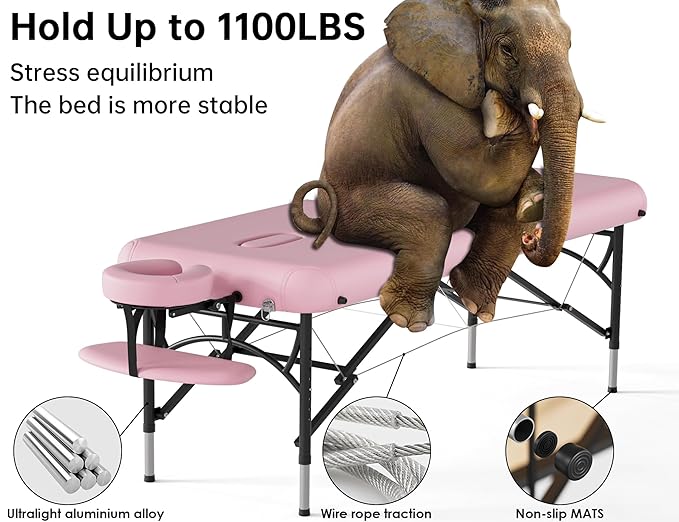 CLORIS 84" Professional Massage Table Portable 2 Folding Lightweight Facial Salon Spa Tattoo Bed Height Adjustable with Carrying Bag & Aluminium Leg Hold Up to 1100LBS Pink
