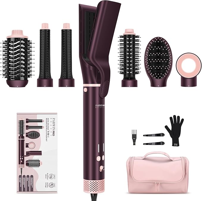 7-in-1 Hot Air Styler, PARWIN PRO BEAUTY Dual Voltage MaxAIR 2.0 Multi-Styler Set, 110,000RPM High Speed Hair Dryer Brush with Air Hair Straightener, 1.1 Inch Auto-Wrap Curlers, Jasper Plum