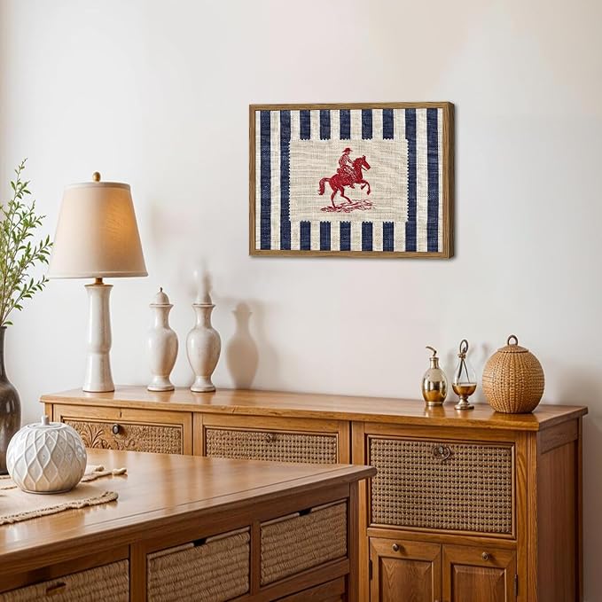 Vintage Western Wall Art Mid Century Striped Cowboy Wall Decor Painting Blue and White Southwest Poster Canvas Print for Bedroom Lving Room 12x16 inch Wood Framed