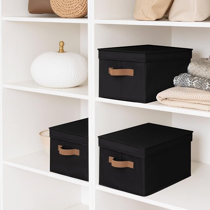 StorageWorks Fabric Storage Bins with Lids, Closet Storage Bins | Lidded Dust-proof, Easy Pull Handles, Foldable, Stackable, Ideal for Clothes Blanket Towel, Large, Black, 3-Pack