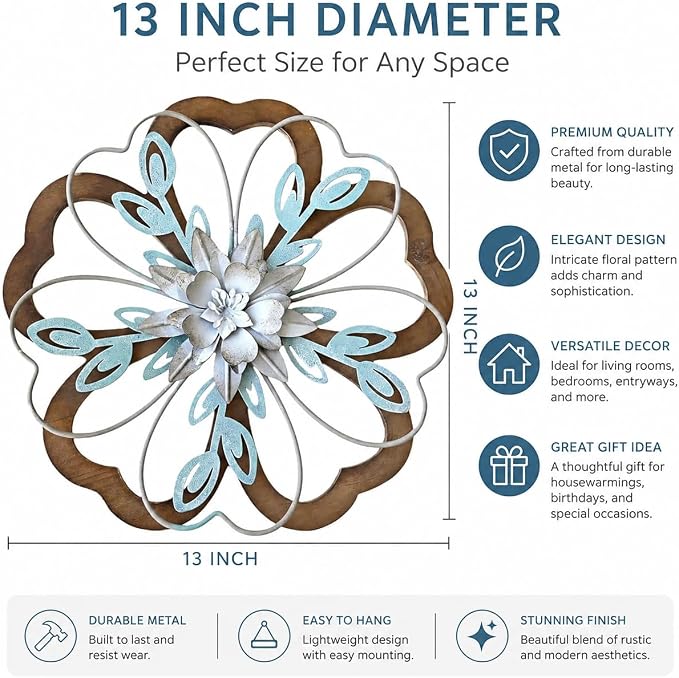Remenna Metal Flowers Wall Decor, Rustic Floral Art, White & Blue, Farmhouse Hanging Decoration for Living Room, Bathroom, Garden