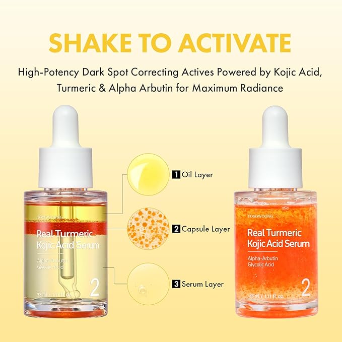 TOSOWOONG Real Turmeric Kojic Acid Serum - Brightening serum 7,000ppm Kojic Acid, 1,500ppm Turmeric, Alpha Arbutin, Astaxanthin, Glycolic Acid, Dark Spots, Freckle, Korean Skin Care, 33ml/1.11 fl.oz.