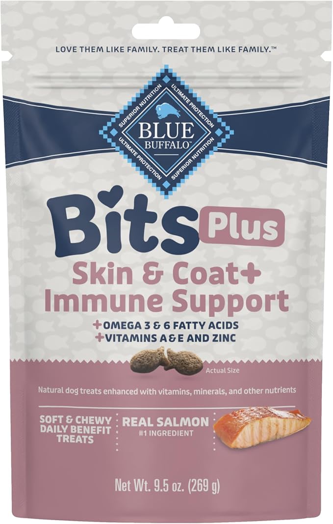 Blue Buffalo Bits Plus Salmon Dog Treats, 9.5 oz | Skin & Coat Health, Omega 3 & 6 Fatty Acids, Vitamin A, E & Zinc for Immune Support
