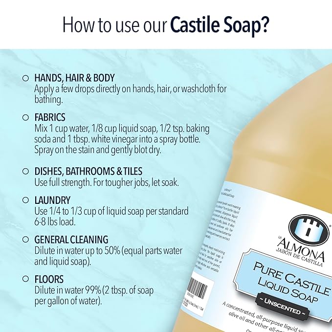 Pure Castile Liquid Soap, PEPPERMINT, 1 Gallon - Multipurpose: Hands, Face, Body, Laundry, Dishes & More - For Sensitive Skin, Natural Ingredients, Scented with Essential Oils