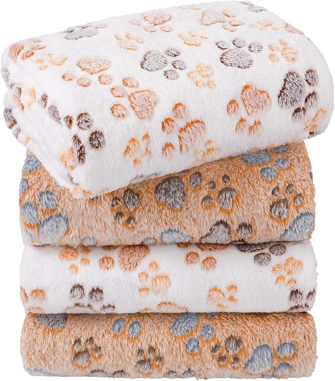 LINENLUX Dog Blankets 4-Pack, Super Soft Fluffy Fleece Pet Throw Warm | Premium flannel fleece pet throw for cats, puppies. Cozy warm for bed, crate, or couch naps; Dog Paw-4pcs 23x16 inch