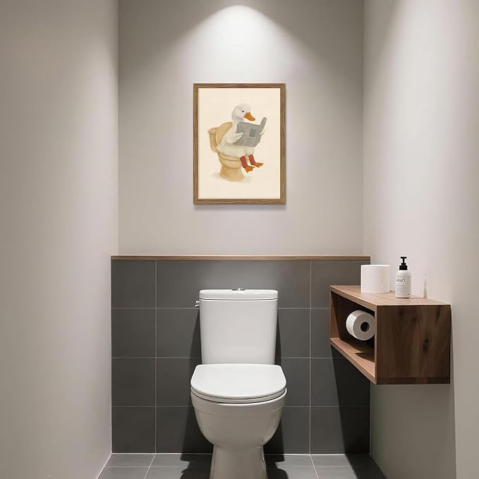 Framed Duck Bathroom Wall Art, Whimsical Duck Reading on Toilet, Funny Kids Bathroom Wall Decor, Vintage Farmhouse Toilet Decor, Cute Animal Canvas Print for kids Room 16x24 inch