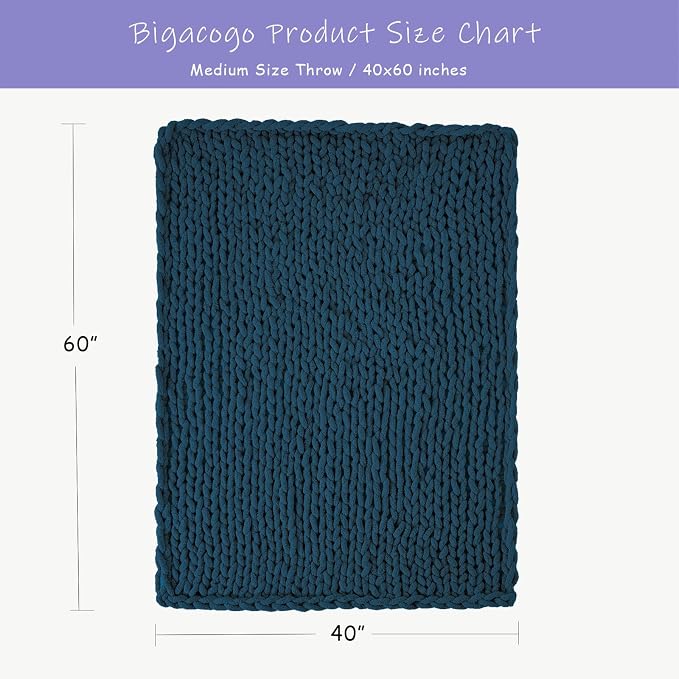 Bigacogo Chunky Knit Throw Blanket for Couch, 40x60 inches, Deep Sea Blue | Hand Knit with Jumbo Chenille, Soft Breathable Cable Knit for Sofa Bed Living Room, Machine Washable, Gift for Mom Friend