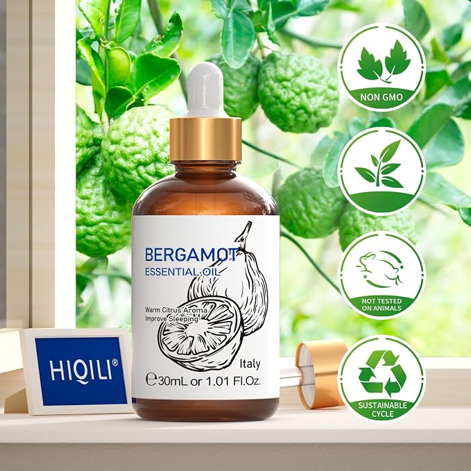 HIQILI Bergamot Essential Oil for Diffuser, Skin, Hair, DIY, 1.01 Fl Oz (30 mL) | Creates Soothing and Calming Atmosphere for Home and Office, Calms Your Mind, and Works for Skin, DIY -30mL / 1.01 fl oz
