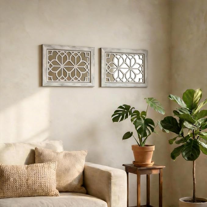 Set of 2 13x17 Inch Rectangular Shatterproof Decorative Wall Mirrors, Boho Farmhouse Rustic Vintage Grey Accent Mirrors for Living Room, Bedroom, Entryway & Home Wall Decor（Grey）