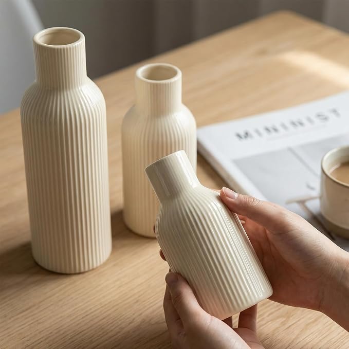 Beige Ceramic Flower Vases Set of 3, Modern Smooth Ribbed Texture, Nordic Minimalist Decor for Pampas, Dried & Fresh Flowers, Centerpiece for Living Room, Shelf, Entryway, Wedding