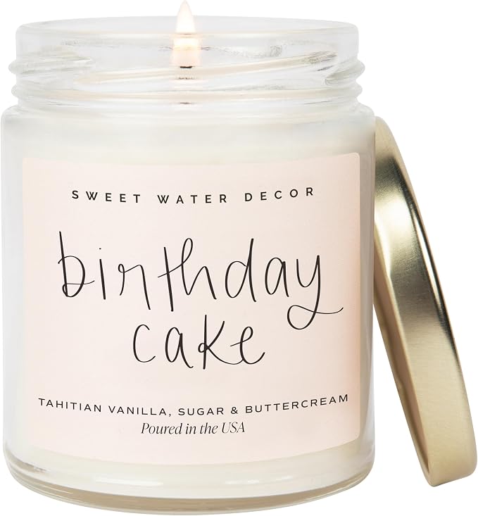 Sweet Water Decor Birthday Cake Candle - Tahitian Vanilla, Powdered Sugar, and Buttercream Scented Soy Birthday Candle for Home - 9oz Clear Jar, 40 Hour Burn Time, Made in the USA