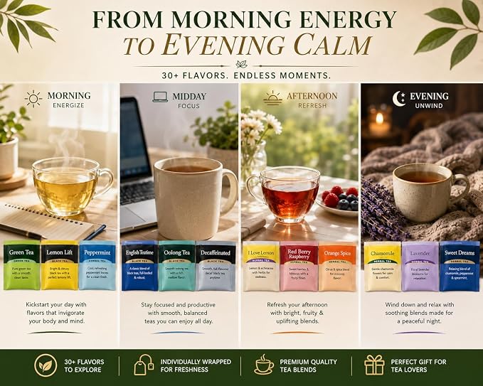 Generic Perfect Tea 48 Variety Pack Sampler Assorted Tea Bags | Black, Green, Decaf & Herbal Teas | Tea Gift Set, Office Breakroom