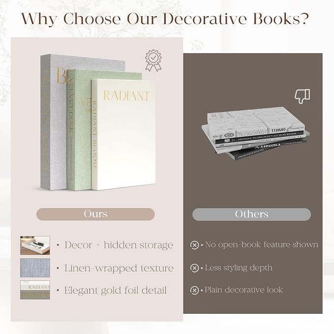 Decorative Books for Home Decor, Set of 3 Neutral Linen Storage Boxes | Linen Faux Book Boxes with Hidden Storage for Coffee Table, Bookshelf, Mantel, Living Room Decor, Photo Storage& Keepsake Box