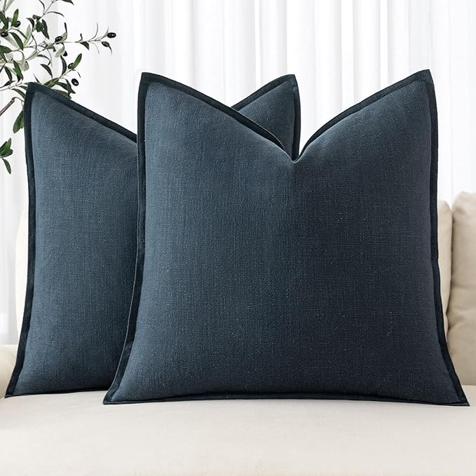 MIULEE Decorative Linen Euro Sham Pillow Covers 26x26 Deep Blue | Boho Farmhouse Neutral Couch Throw Pillows for Bed, Pack of 2 Accent Coastal Modern Pillowcases, Sofa Livingroom Home Decor