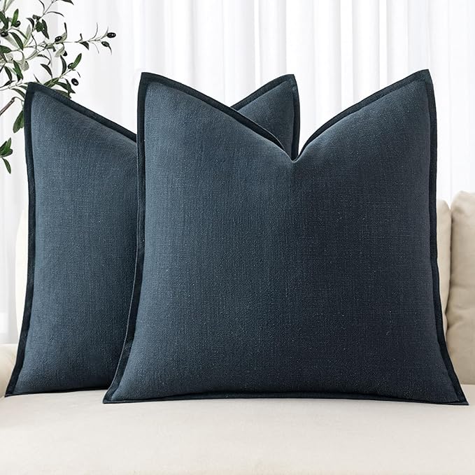 MIULEE Decorative Linen Pillow Covers 18x18 Inch Deep Blue | Boho Farmhouse Neutral Couch Throw Pillows for Bed, Pack of 2 Accent Coastal Modern Pillowcases, Sofa Livingroom Home Decor