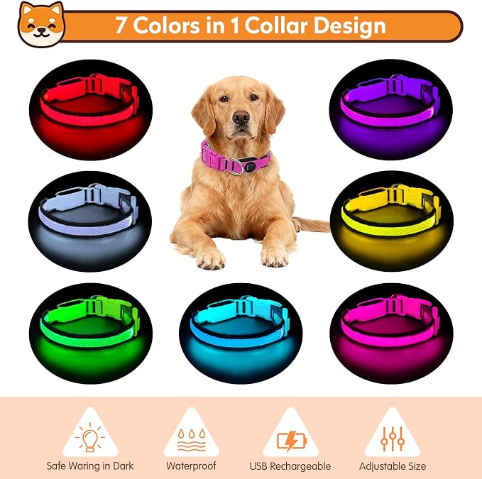LED Dog Collar, Light Up Dog Collar,for Night Walking(Medium,Pink) | Adjustable,Bright RGB 7 Colors Light Glowing Collar,Waterproof,Nylon,Soft,For Medium and Large Dogs,USB C to Charge